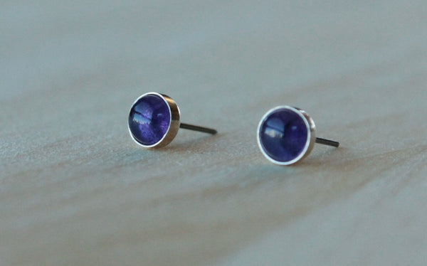 Amethyst Bezel Gemstones, Large (Niobium or Titanium Post Earrings) - Pretty Sensitive Ears