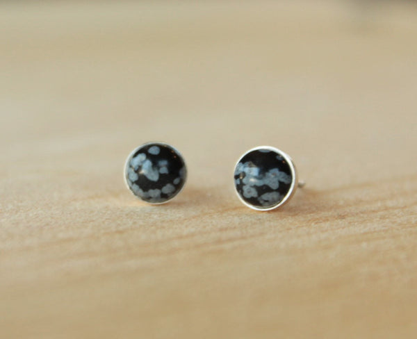 Snowflake Obsidian Bezel Gemstones (Niobium or Titanium Post Earrings) - Pretty Sensitive Ears