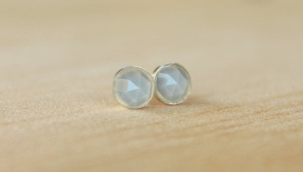 Rose Cut Natural Blue Chalcedony Bezel Gemstones, Large (Niobium or Titanium Post Earrings) - Pretty Sensitive Ears