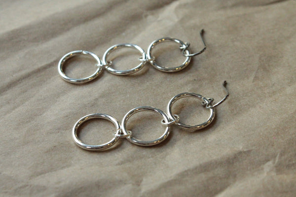 Titanium Earrings Hoops / Hoop Earrings for Sensitive Ears - Triple Chain Silver Plated Hoop Dangle