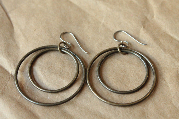 Pure Titanium Earrings / Hypoallergenic Hoop Earrings / Allergy Free Earrings Hoops - Double Bangled Oxidized Gold Hoop Dangle