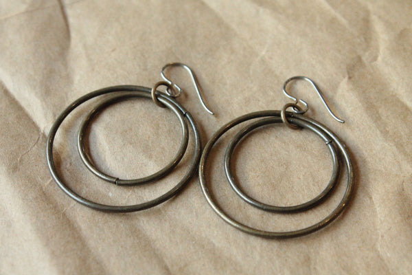Pure Titanium Earrings / Hypoallergenic Hoop Earrings / Allergy Free Earrings Hoops - Double Bangled Oxidized Gold Hoop Dangle