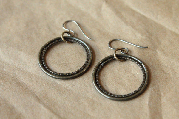 Titanium Hoop Earrings / Allergy Free Earrings / Nickel Free Earrings Hoops - Nestled Oxidized Gold Hoop Dangle