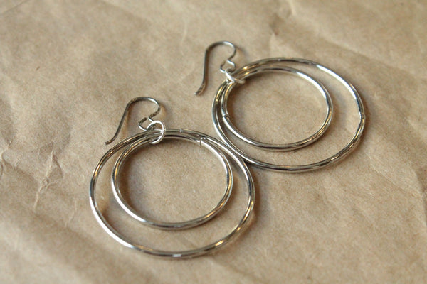 Titanium Earrings Hoops / Hoop Earrings for Sensitive Ears - Double Bangled Rhodium Hoop Dangle