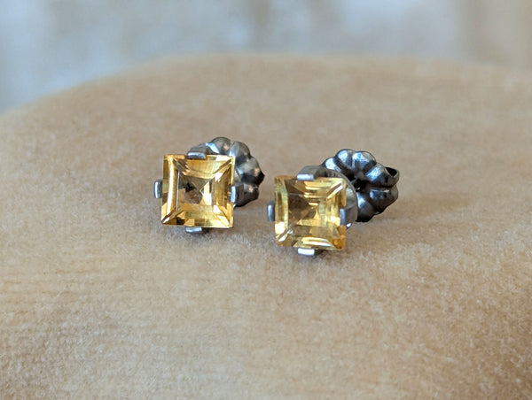 Pure Titanium Earrings - Square Citrine - Facet Cut - Hypoallergenic Nickel Free Studs