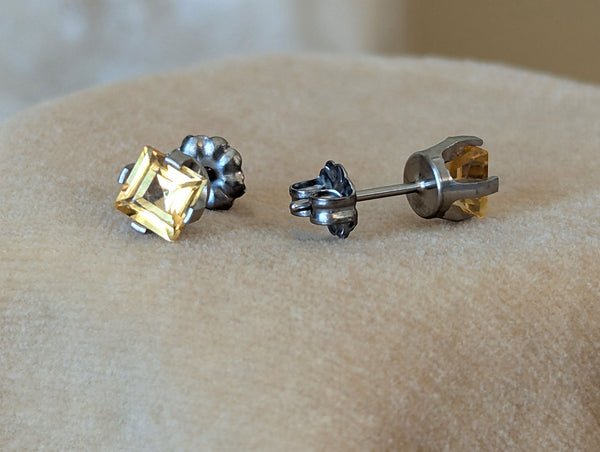 Pure Titanium Earrings - Square Citrine - Facet Cut - Hypoallergenic Nickel Free Studs