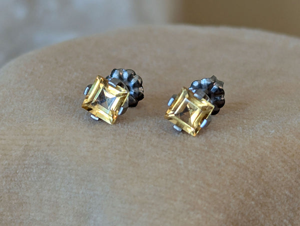 Pure Titanium Earrings - Square Citrine - Facet Cut - Hypoallergenic Nickel Free Studs