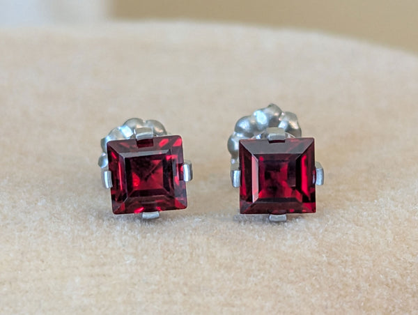 Pure Titanium Earrings - Square Garnet - Facet Cut - Hypoallergenic Nickel Free Studs