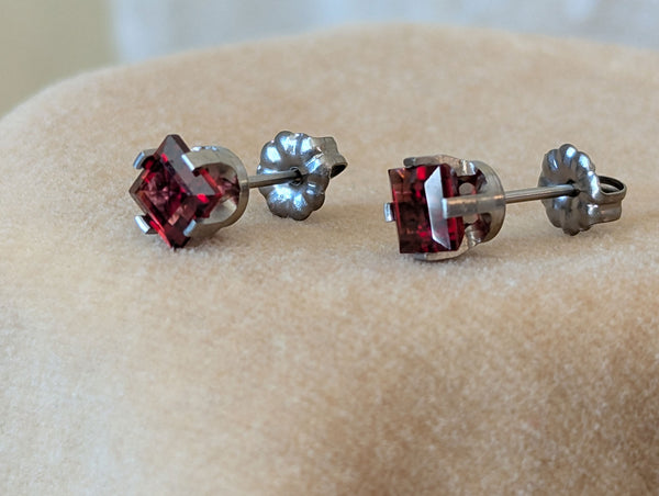 Pure Titanium Earrings - Square Garnet - Facet Cut - Hypoallergenic Nickel Free Studs