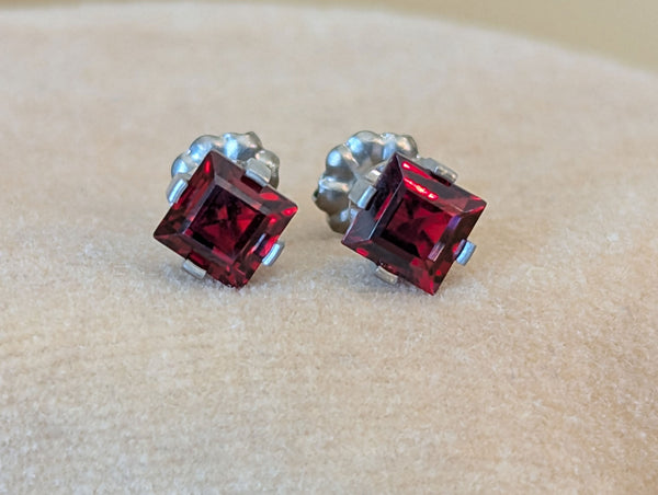 Pure Titanium Earrings - Square Garnet - Facet Cut - Hypoallergenic Nickel Free Studs