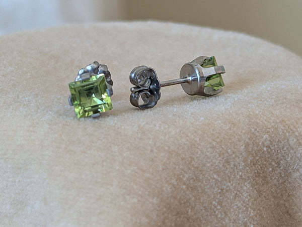 Pure Titanium Earrings - Square Peridot - Facet Cut - Hypoallergenic Nickel Free Studs