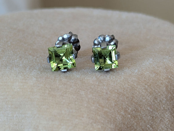 Pure Titanium Earrings - Square Peridot - Facet Cut - Hypoallergenic Nickel Free Studs