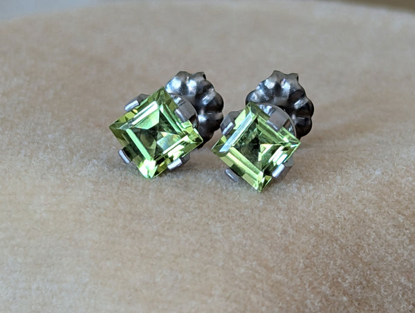 Pure Titanium Earrings - Square Peridot - Facet Cut - Hypoallergenic Nickel Free Studs