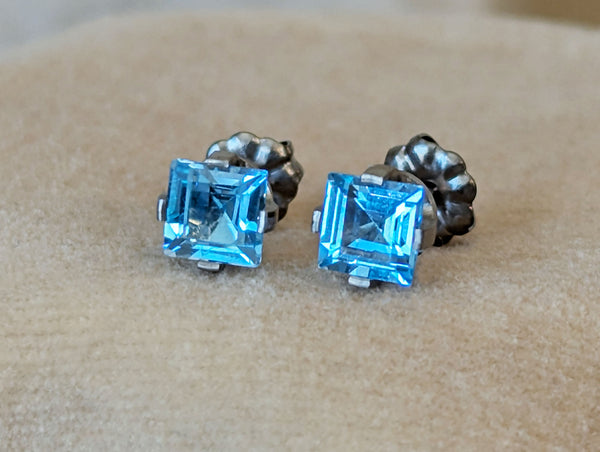 Pure Titanium Earrings - Square Swiss Blue Topaz - Facet Cut - Hypoallergenic Nickel Free Studs
