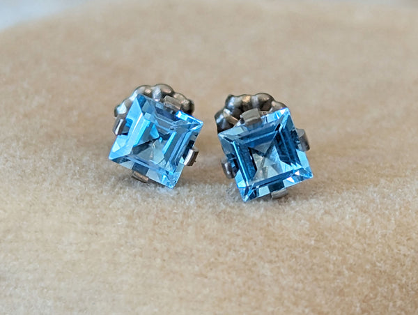 Pure Titanium Earrings - Square Swiss Blue Topaz - Facet Cut - Hypoallergenic Nickel Free Studs