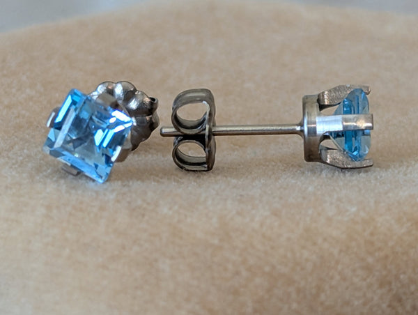 Pure Titanium Earrings - Square Swiss Blue Topaz - Facet Cut - Hypoallergenic Nickel Free Studs