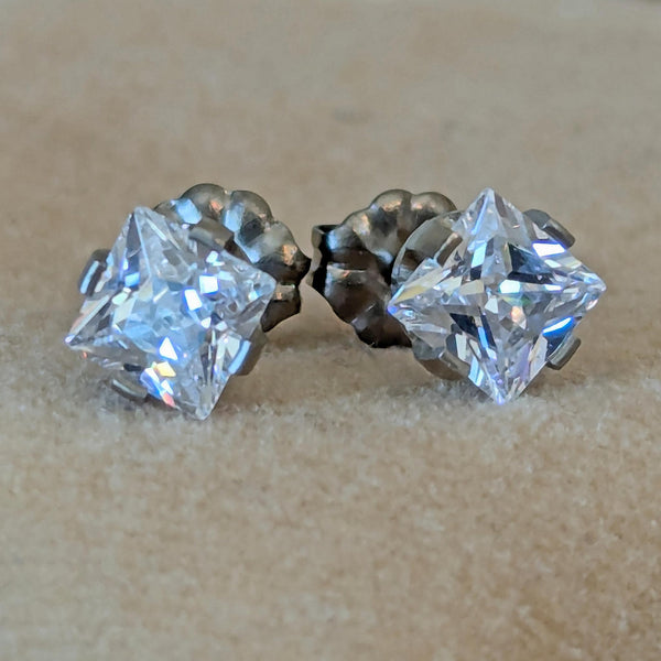 Pure Titanium Earrings - Square Cubic Zirconia - Facet Cut - Hypoallergenic Nickel Free Studs