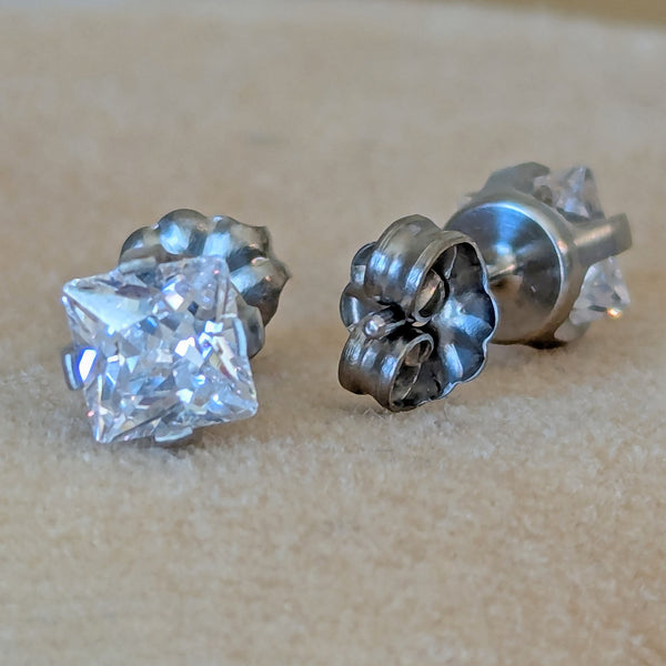 Pure Titanium Earrings - Square Cubic Zirconia - Facet Cut - Hypoallergenic Nickel Free Studs
