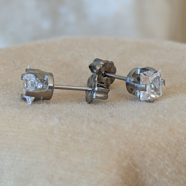 Pure Titanium Earrings - Square Cubic Zirconia - Facet Cut - Hypoallergenic Nickel Free Studs