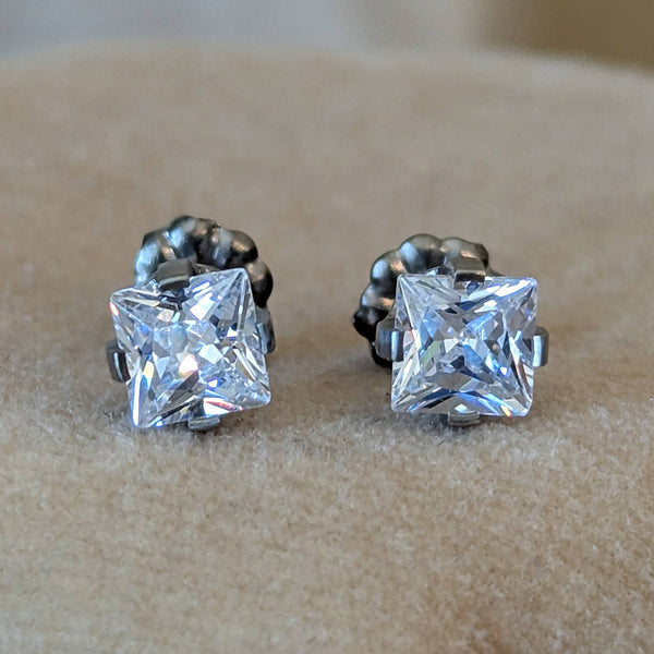 Pure Titanium Earrings - Square Cubic Zirconia - Facet Cut - Hypoallergenic Nickel Free Studs