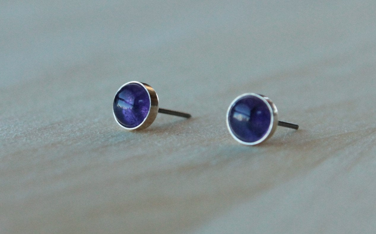 Amethyst Bezel Gemstones, Large (Niobium or Titanium Post Earrings) - Pretty Sensitive Ears