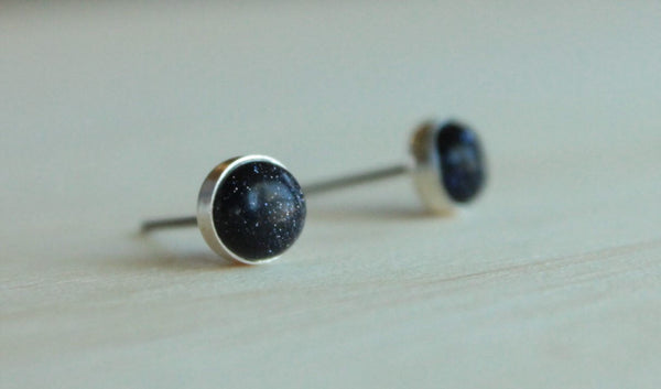 Blue Goldstone Bezel Gemstones, Large (Niobium or Titanium Post Earrings) - Pretty Sensitive Ears