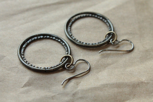 Titanium Hoop Earrings / Allergy Free Earrings / Nickel Free Earrings Hoops - Nestled Oxidized Gold Hoop Dangle