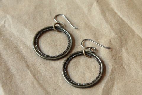 Titanium Hoop Earrings / Allergy Free Earrings / Nickel Free Earrings Hoops - Nestled Oxidized Gold Hoop Dangle